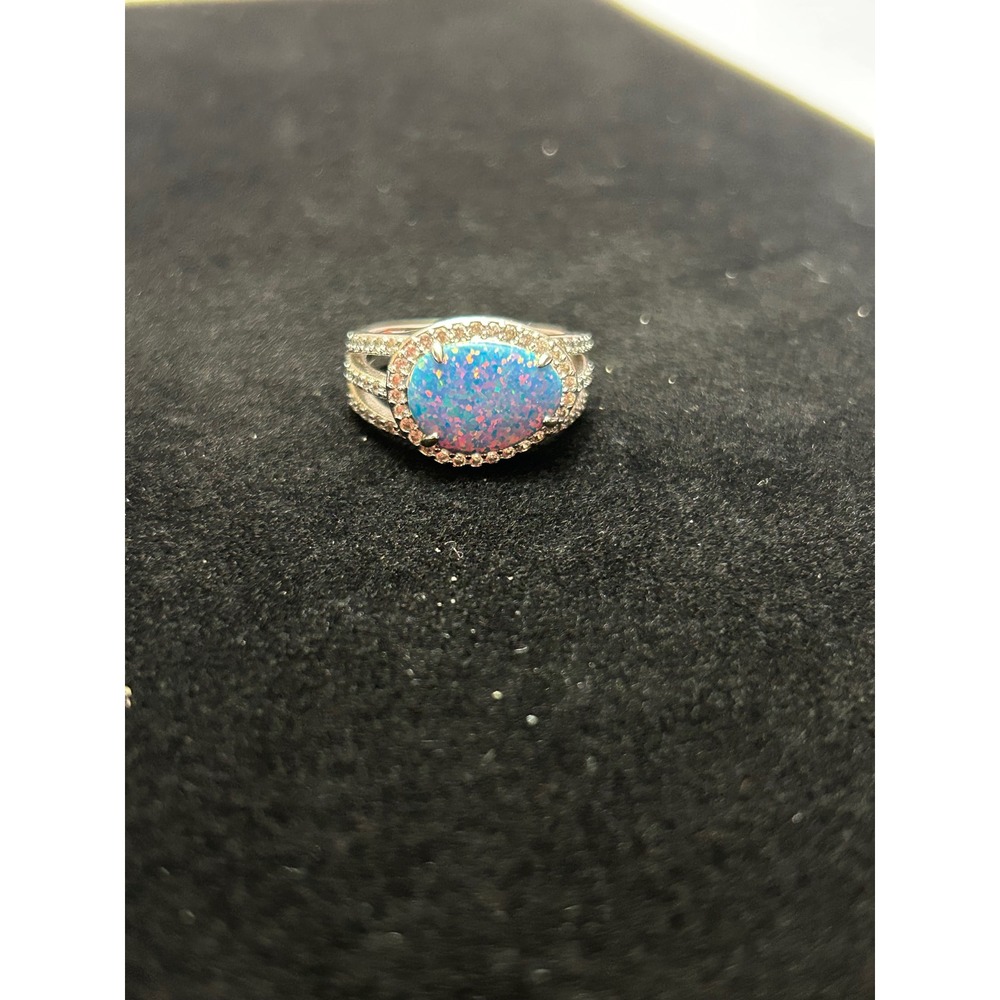 Bomb Party Blue Fire Opal Halo Split Shank Statement Ring Silver Tone Oval Stone - Picture 2 of 6